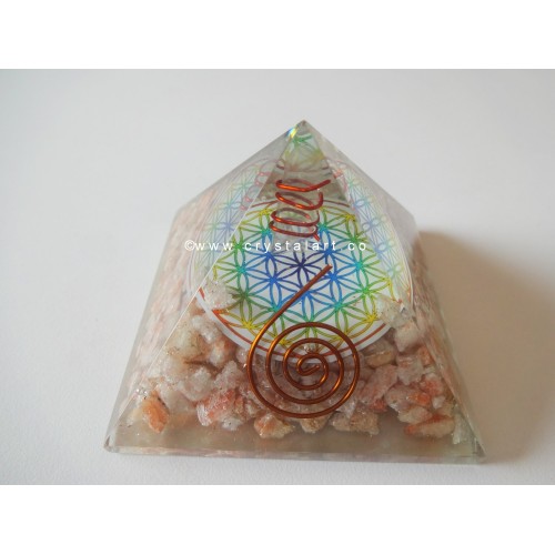 Sunstone Flower Of Life Symbol With Crystal Point Orgone Pyramid