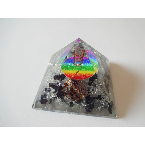 Black Tourmaline & Crystal Quartz Flower Of Life Symbol Orgone Pyramid