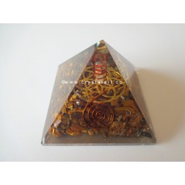 Tiger Eye With Metal Flower of Life Symbol Orgone Pyramid