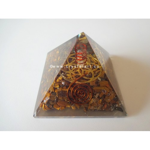 Tiger Eye With Metal Flower of Life Symbol Orgone Pyramid