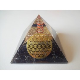 Black Tourmaline With Metal Flower of Life Symbol Orgone Pyramid