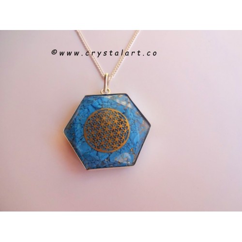 Turquoise Stone Flower of Life inside Hexagone Orgone Pendants with Chain