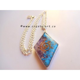 Amethyst and Turquoise Dimond shape Orgone Pendants with Chain