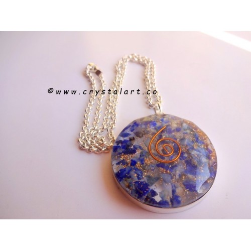 Lapis Lazuli Plane Round Orgone Cabochon Pendants with Chain