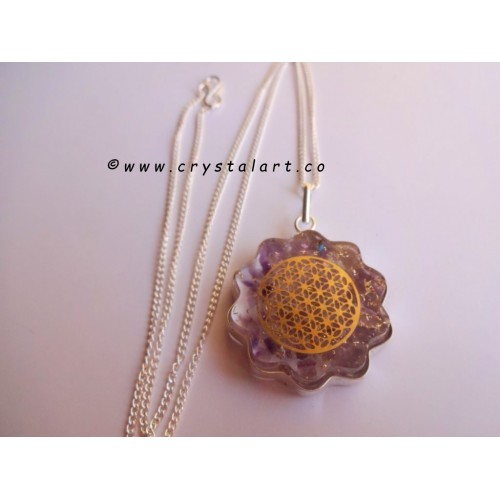 Flower of life inside Amethyst Orgone Pendants with Chain