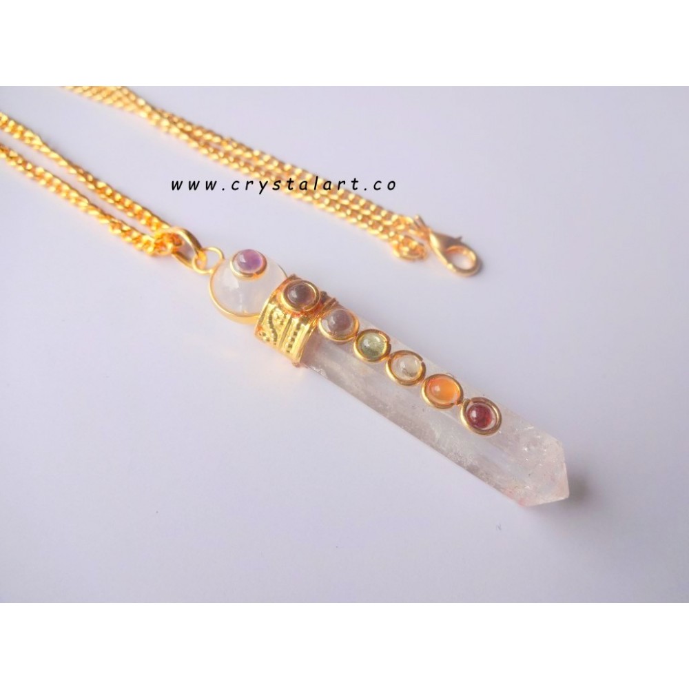 Clear Crystal Quartz Globe Chakra stone Golden Cap Chain Pendants