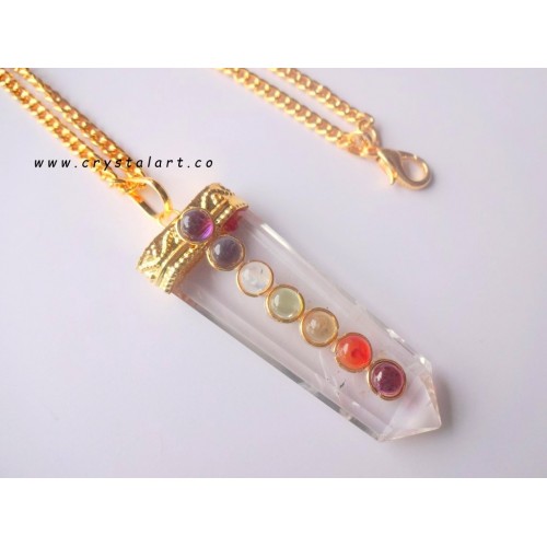 Clear Quartz Flat Chakra stone Golden Cap Chain Pendants