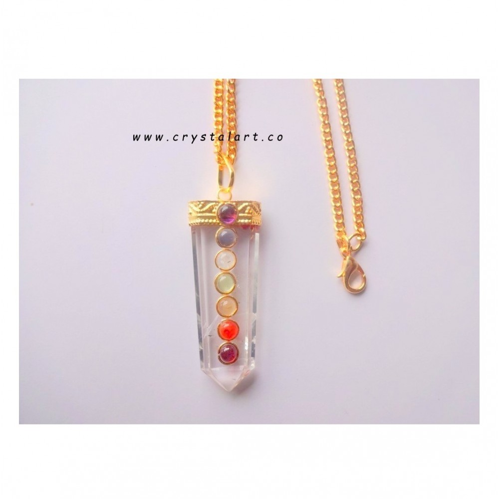 Clear Quartz Flat Chakra stone Golden Cap Chain Pendants