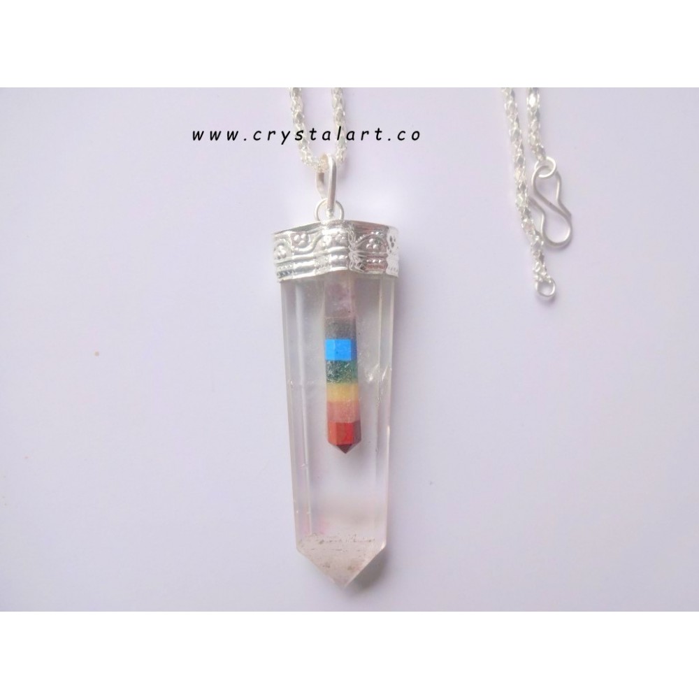 Clear Crystal Quartz Attached Chakra point Chain Flat Pendants