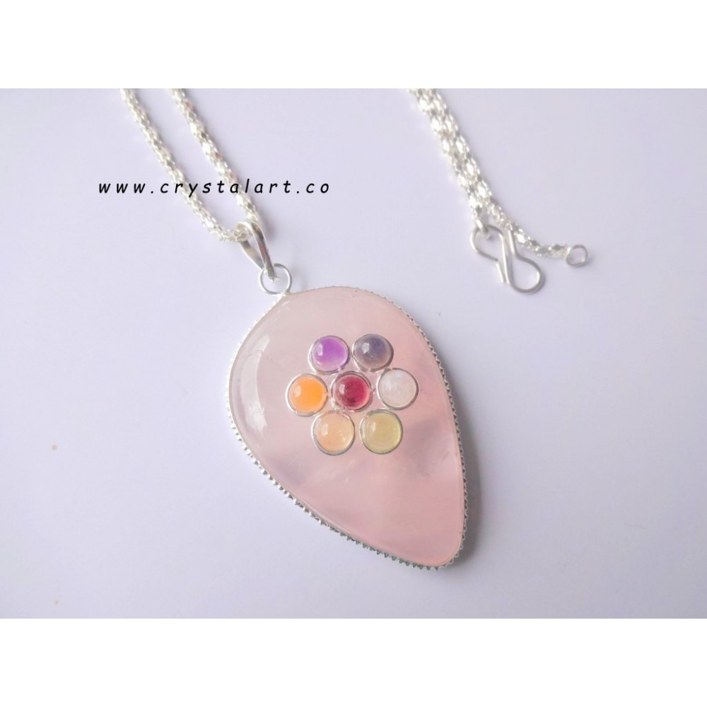 Rose Quartz Flat Drop Shape Chakra Stone Chain Pendants