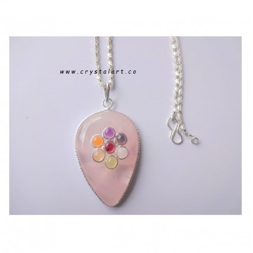 Rose Quartz Flat Drop Shape Chakra Stone Chain Pendants