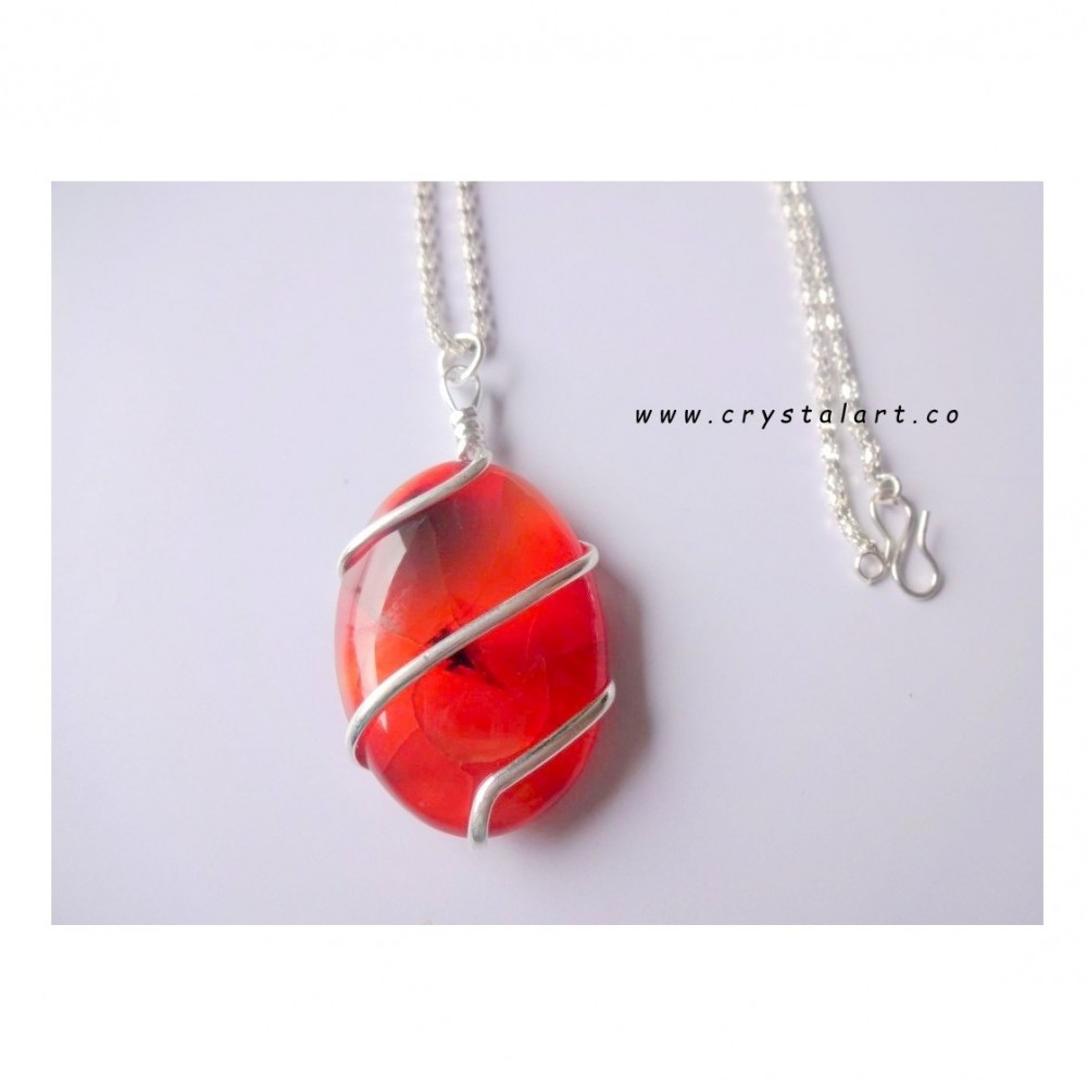 Red Carnelian Wire Wrapped Cabochon Chain Pendants