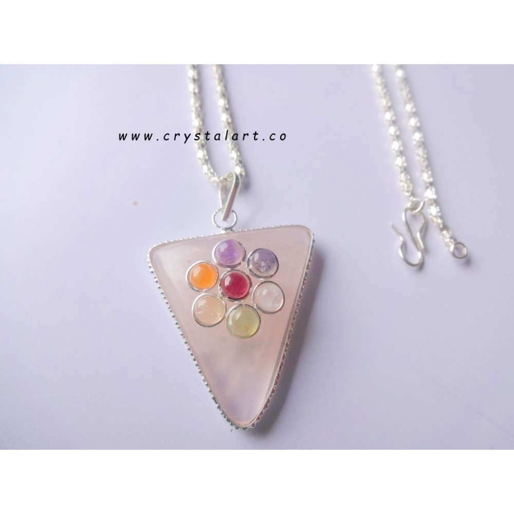 Rose Quartz Seven Chakra Flat Stone Chain Pendants