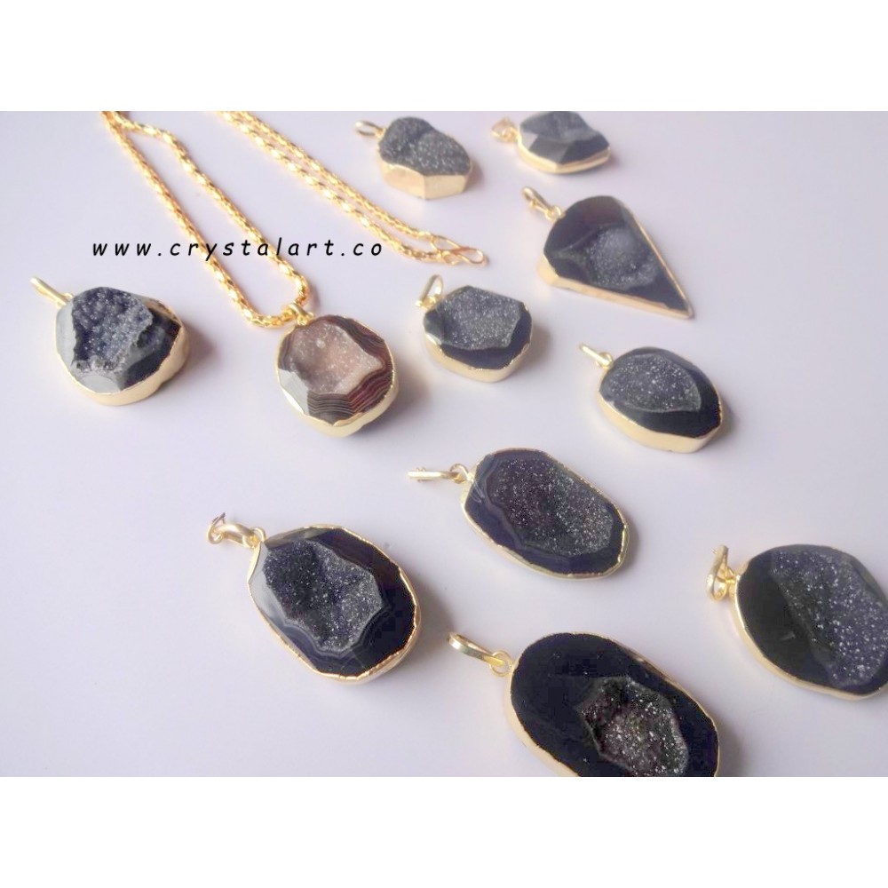 Sulemani Black Agate Stone Druzy Golden Chain Pendants