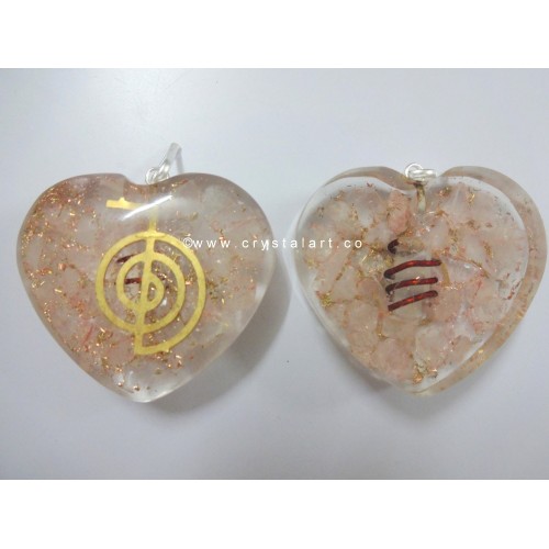 Rose Quartz Heart Shape With Reiki Symbol Crystal Point Orgone Pendants