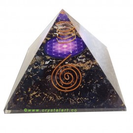 Blue Flower Of Life Black Tourmaline Healing Crystal Point 70 MM Orgone Big Size Pyramid