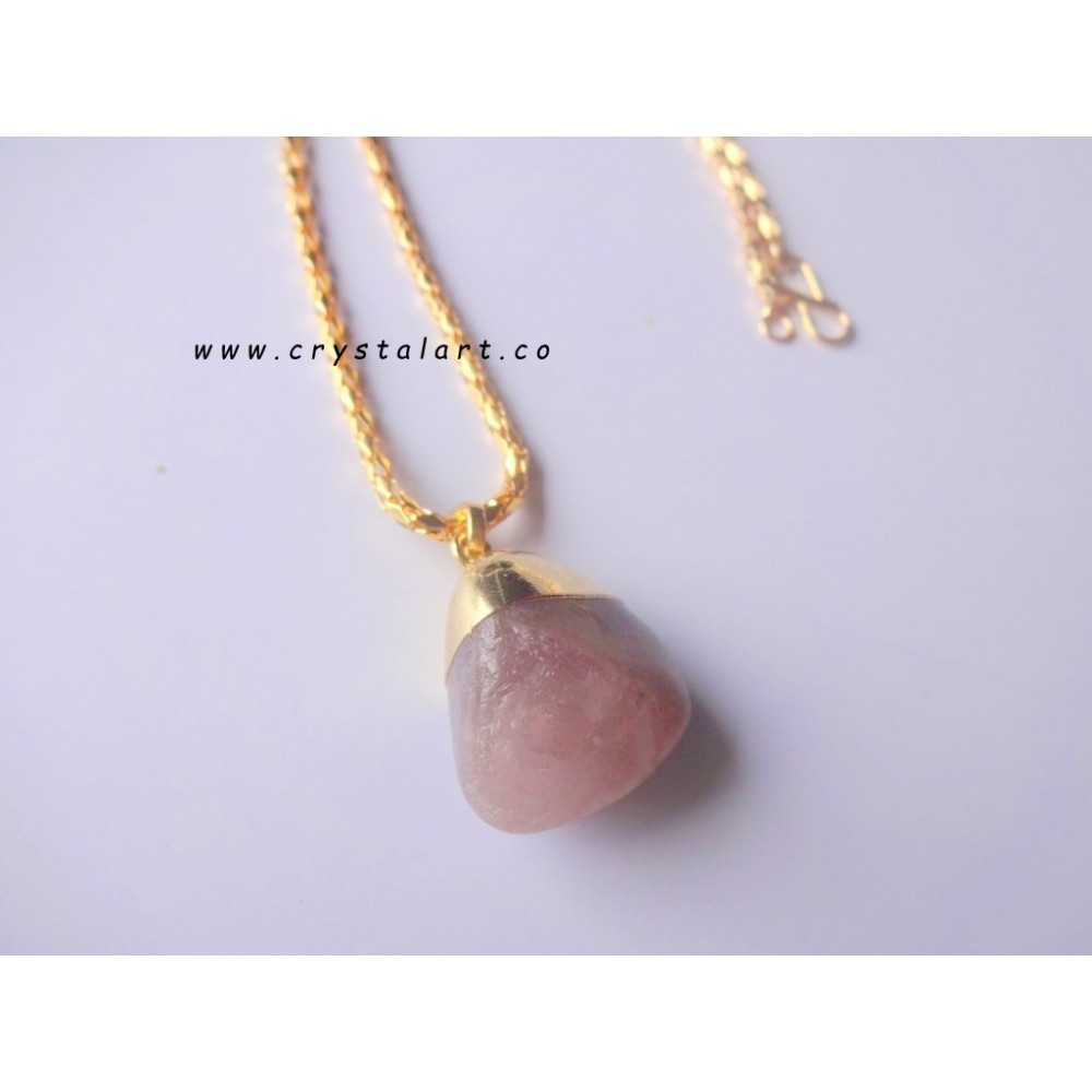 Natural Rough Stone Rose Quartz Tumbled Golden Cap Chain Pendants