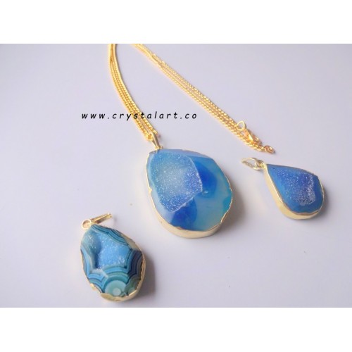 Blue Onyx Druzy Golden Chain Pendants