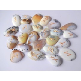 White Dendritic Agate Flate Stone Rune Set