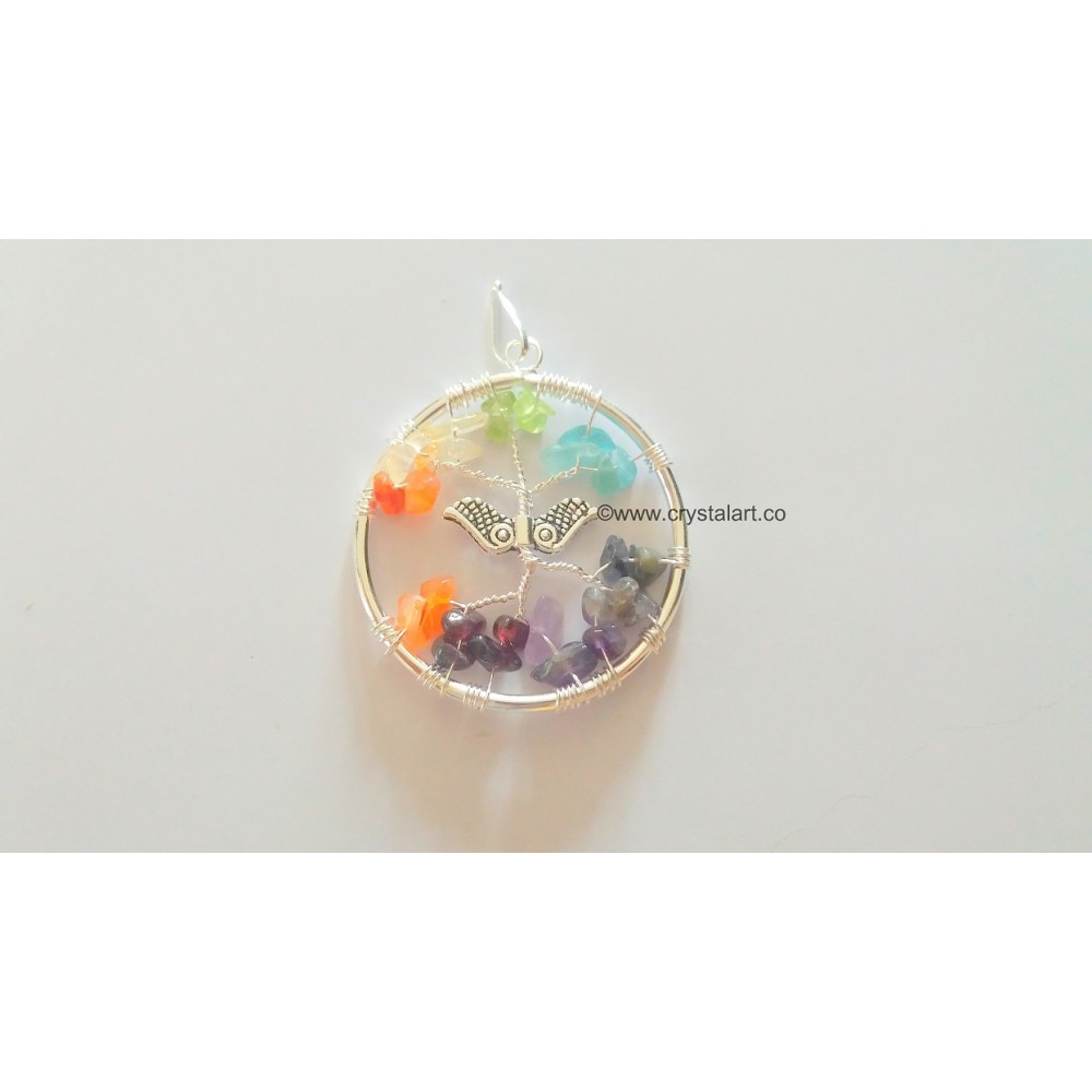 7 Chakra Chips Round Pendant With Angel Charm