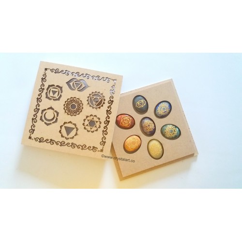 7 Chakra Cabochon Set With Chakra Symbol Wooden Case