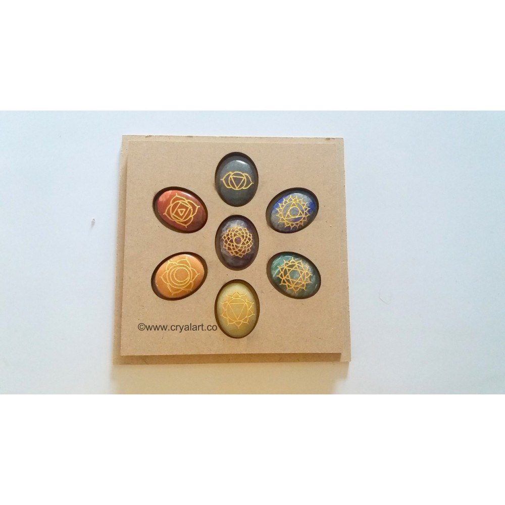 7 Chakra Cabochon Set With Engraved Flower of Life Wooden Case