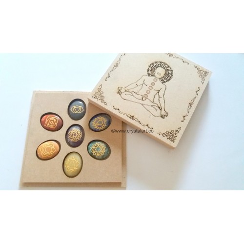 7 Chakra Cabochon Set With Engraved Buddha Wooden Case