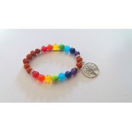 Natural Rudhraksha 7 Chakra 8 mm Plane Beads Bracelets With Tree of Life Charm Amulet