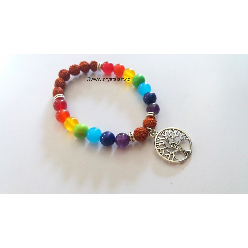 Natural Rudhraksha 7 Chakra 8 mm Plane Beads Bracelets With Tree of Life Charm Amulet