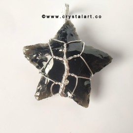 Obsidian Wire Wrapped 1.5 Inch Star of David Carving Arrowhead Pendants Unisex