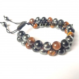 Triple Protection of Tiger Eye, Black Obsidian and Hematite Double Layer of Slider Cord 8 MM Plane Beads Bracelets Unisex