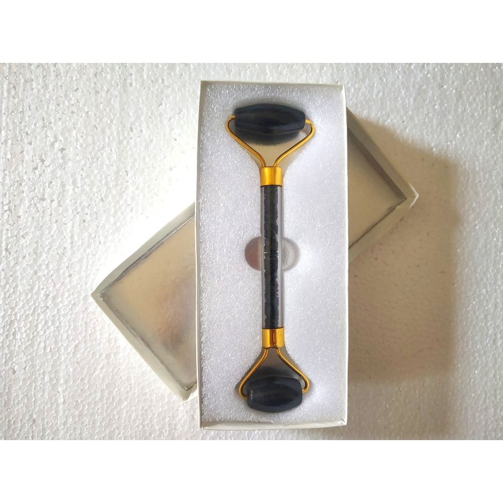 Black Tourmaline Golden Massage Roller with Case and Chips Stone Inside Handle