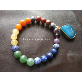 Seven Chakra Beaded Blue Onyx Druzy Charm 8 MM Plane Beads Bracelets