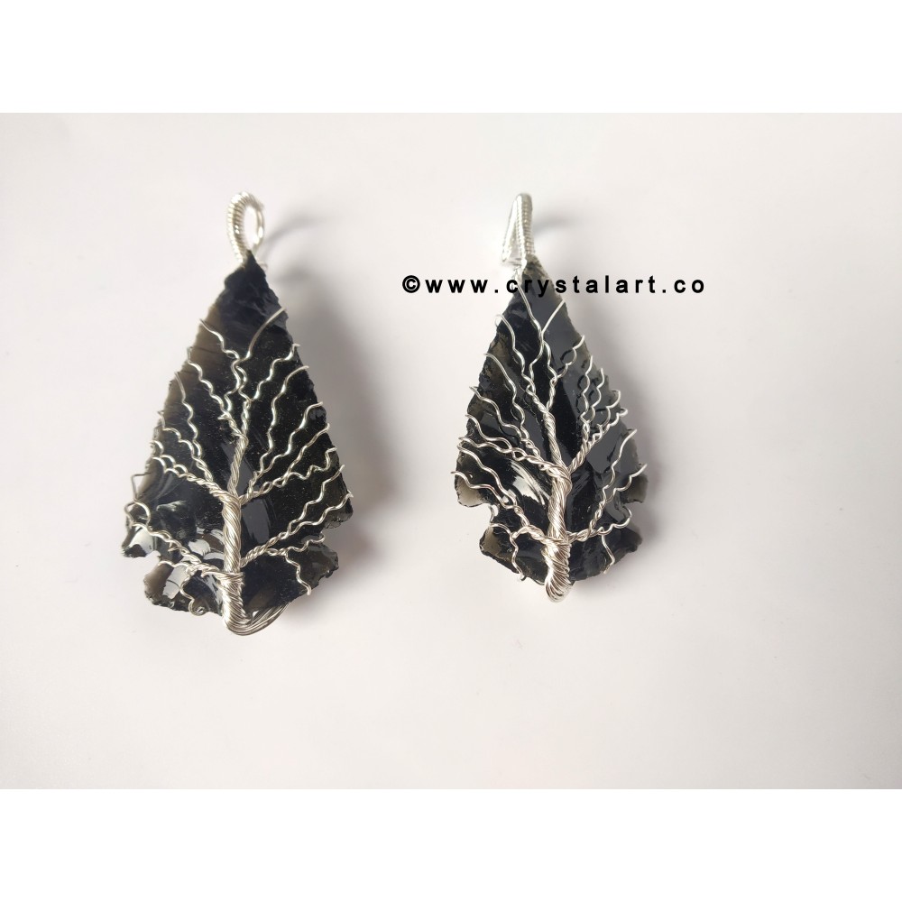 Black Obsidian Silver Wire Wrapped Arrowhead Stone Pendants