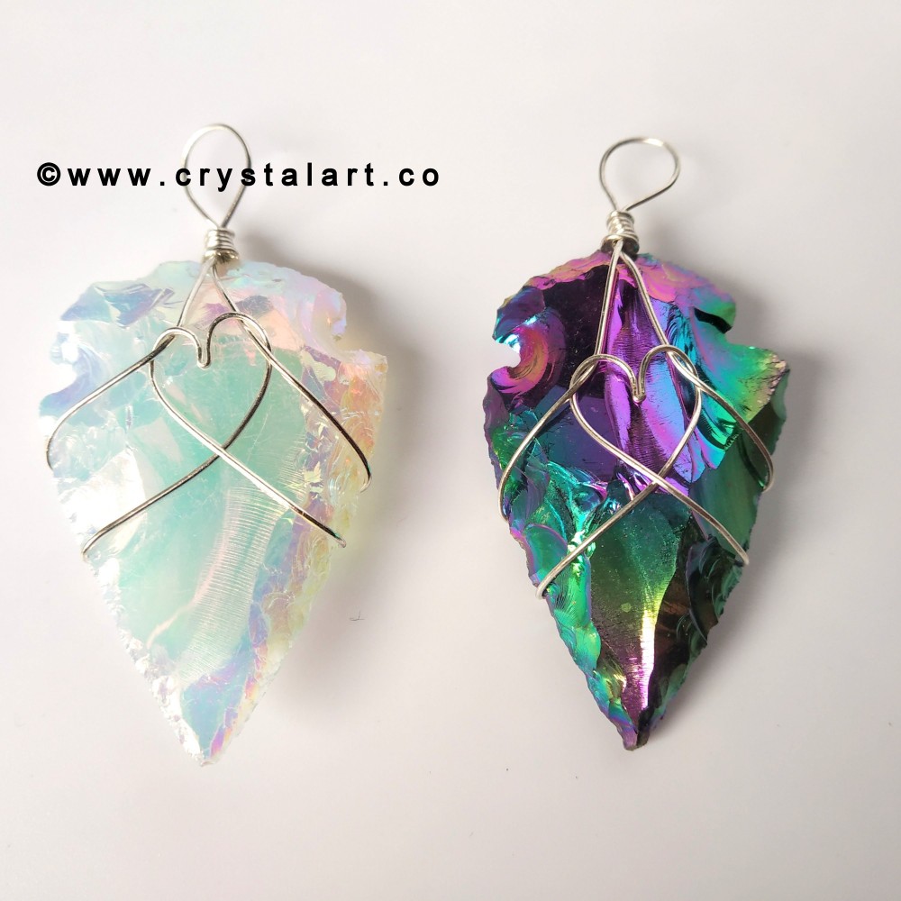 Aura Opalite And Obsidian Heart Shape Wire Wrapped 1.5 Inch Arrowhead Pendants Unisex Pack Of Two