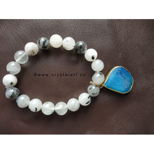 Rutilated Quartz With Blue Onyx Druzy Charm 10 MM Beads Bracelets