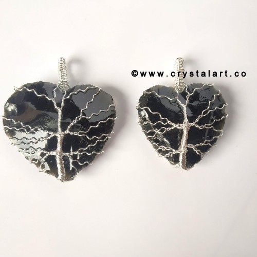 Obsidian Wire Wrapped 1.5 Inch Heart Shape Carving Arrowhead Pendants Unisex