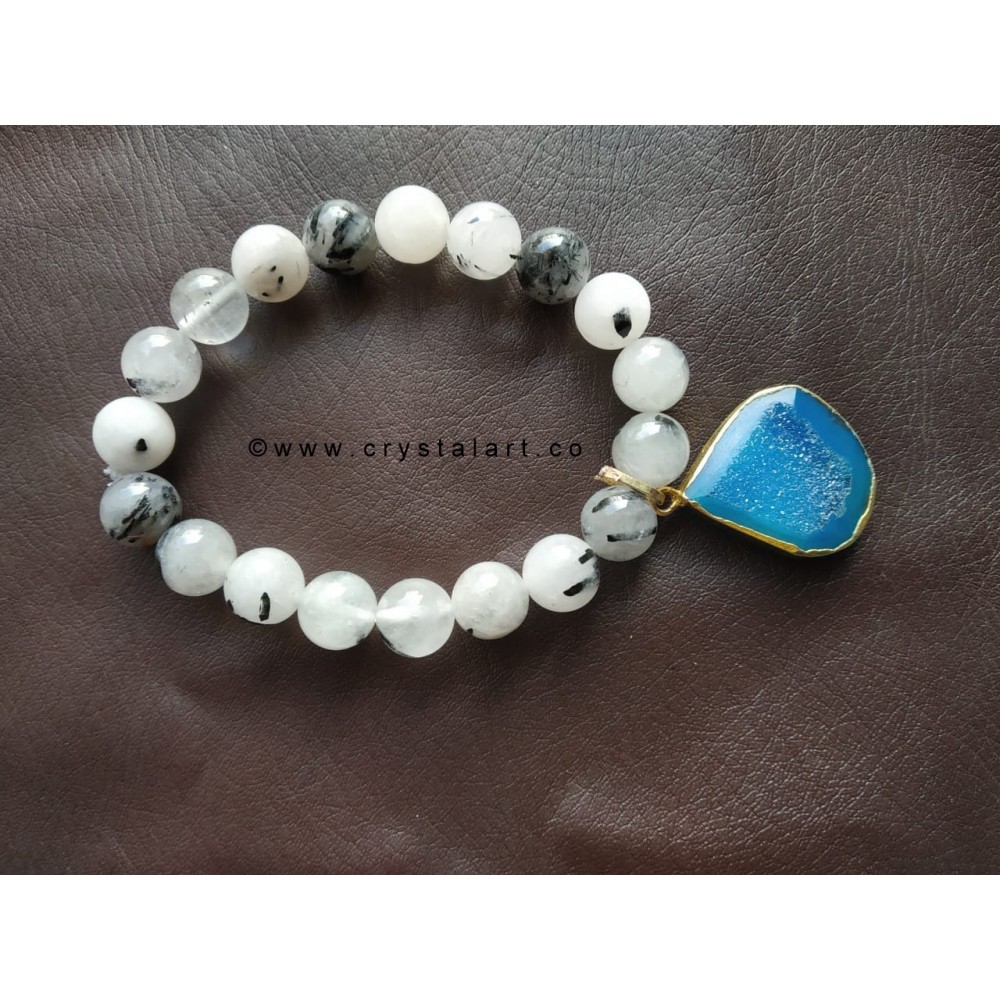 Rutilated Quartz With Blue Onyx Druzy Charm 10 MM Beads Bracelets