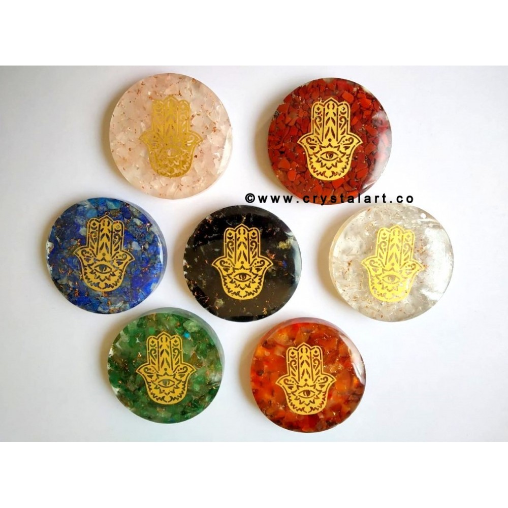 Chakra Symbol Hamsa Copper Plate Inside Orgone Round Shape Cabochon Set Of 7 Pieces