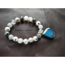 Rutilated Quartz With Blue Onyx Druzy Charm 10 MM Beads Bracelets