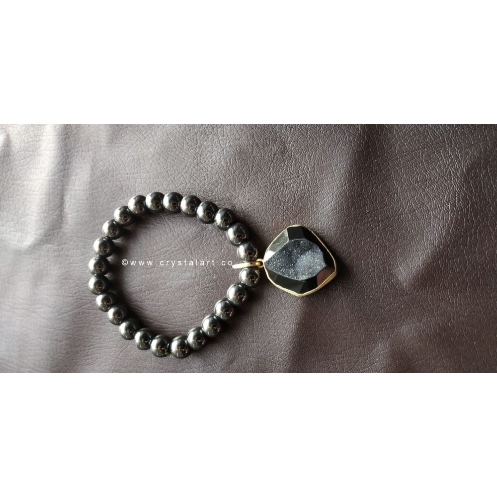 Hematite with Black Onyx Druzy Charm 8 MM Plane Beads Bracelets