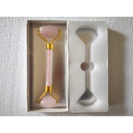 Rose Quartz Golden Massage Roller with Case and Chips Stone Inside Handle