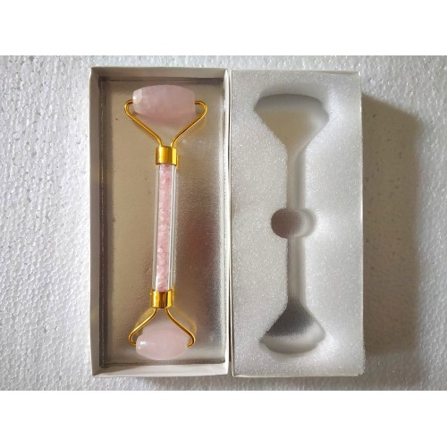 Rose Quartz Golden Massage Roller with Case and Chips Stone Inside Handle