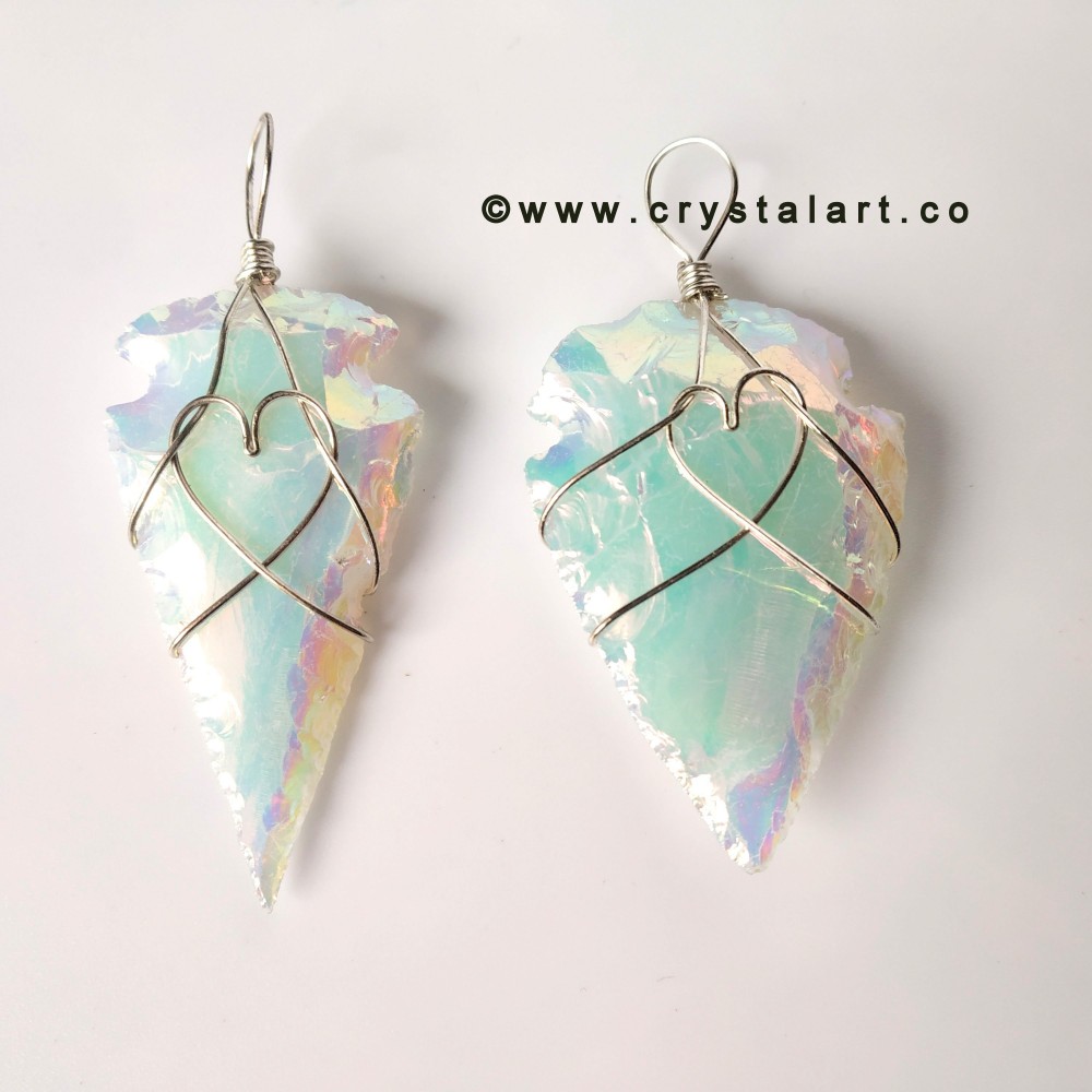 Aura Opalite Heart Shape Wire Wrapped 1.5 Inch Arrowhead Pendants Unisex