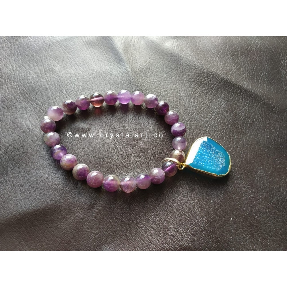 Amethyst with Blue Onyx Druzy Charm 8 MM Plane Beads Bracelets