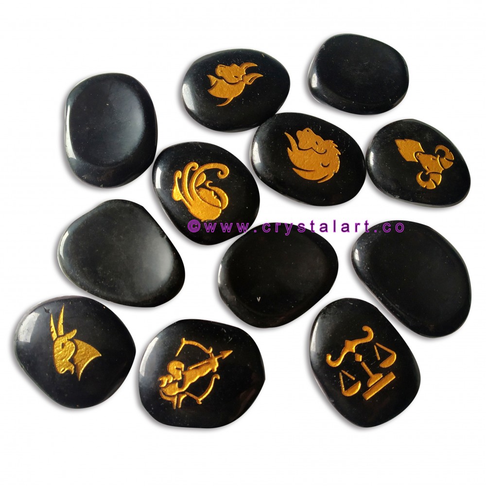 Black Obsidian Uneven Shape Engraved Zodiac Sign Worry Stones 12 Piece Set