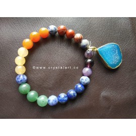 Seven Chakra Beaded Blue Onyx Druzy Charm 8 MM Plane Beads Bracelets