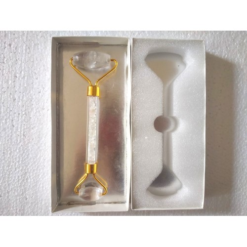 Clear Quartz Golden Massage Roller with Case and Chips Stone Inside Handle