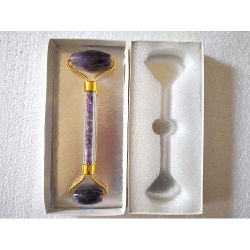 Amethyst Golden Massage Roller with Case and Chips Stone Inside Handle