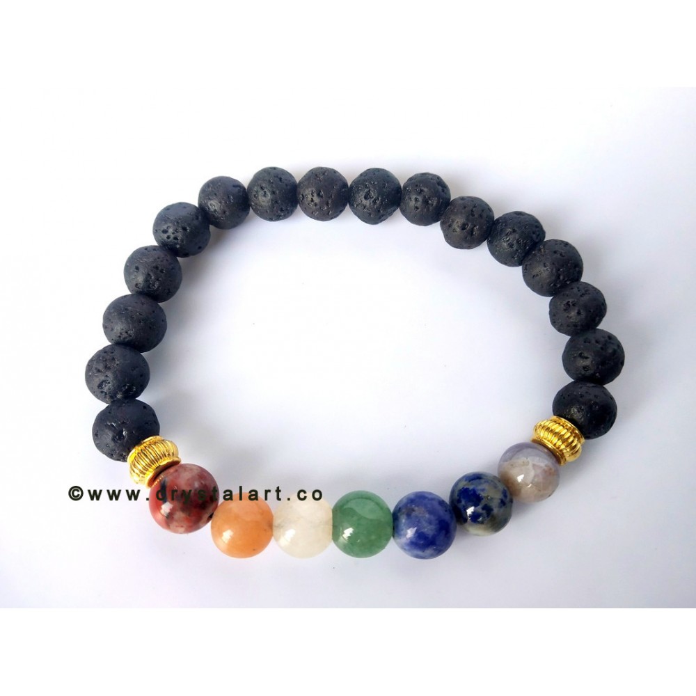 Chakra With Lava Stones Golden Charm Natural Stone 8 MM Plane Beads Bracelets Unisex